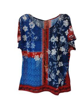 Avenue Size 26/28 Floral Patchwork Top W/ Necklace Red & Blue Short Sleeve #D18